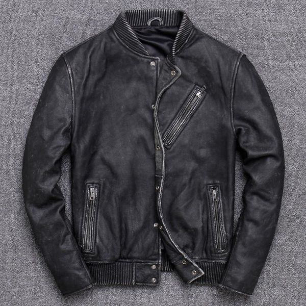 

men's leather & faux baseball serve lead man head layer cowhide locomotive jacket genuine clothing winter coat, Black