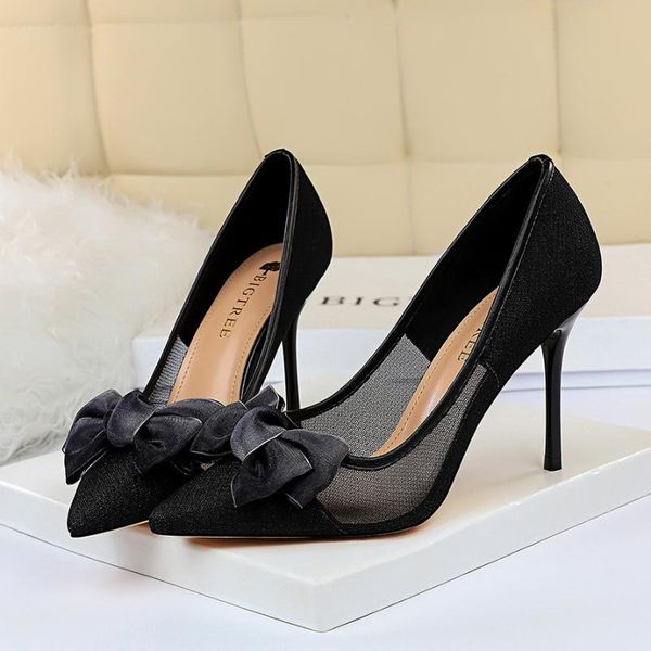 

big size 34-40 spring & autumn fashion solid women mesh pointed toe heel thin heels pumps 2 colors dress shoes, Black