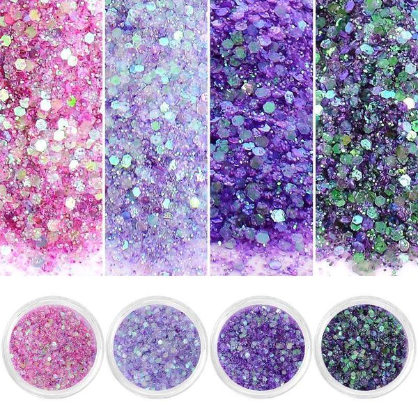 

meet across 4 boxes/set 10ml 3d shining purple pink mix nail glitter powder sequins diy art gel polish decorations1, Silver;gold