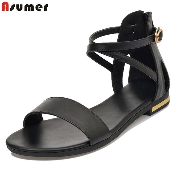 

big size 31-46 low price genuine leather sandals women buckle zip casual flat solid black color ladies shoes