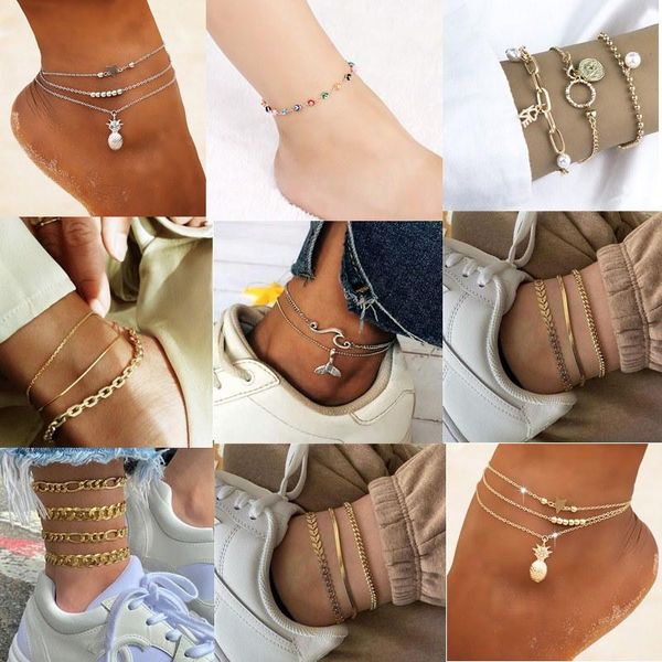 

anklets 1set vintage boho multi-layer for women gold leaf chain letter pineapple charm ankle foot on the leg jewelry accessories, Red;blue