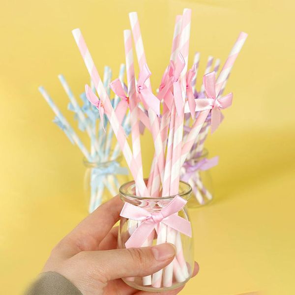 

disposable dinnerware 5/6pcs striped paper straws with bowknot wedding birthday party straw table decorations tableware supplies
