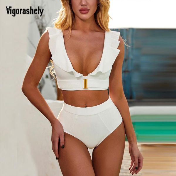 

women's swimwear vigoashely high waist women push up bikini set 2021 ruffle swimsuit femalebrazilian bathing suit biquini swim wear, White;black