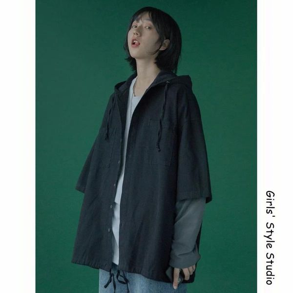 

women's t-shirt shirt korean spring and autumn women wear hooded fake two long sleeve black loose bf retro hong kong style, White