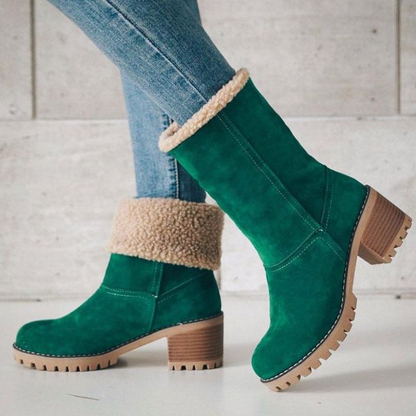 

winter ankle boots women square heel warm plush snow ladies platform flock shoes female slip-on zapatos de mujer, Black