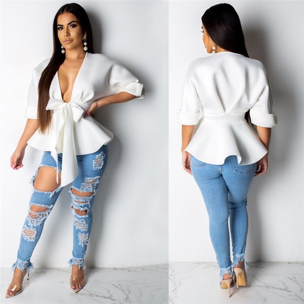 

women's blouses & shirts ruffled cardigan half sleeve v neck loose white long with sashes ikea