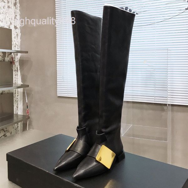 

boots long boots female knight low heel british white pointed knee high elastic, Black