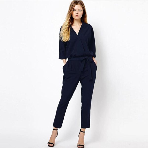 

women's jumpsuits & rompers womens fashion solid color playsuit elegant females blue long trousers regular women jumpsuit femal, Black;white