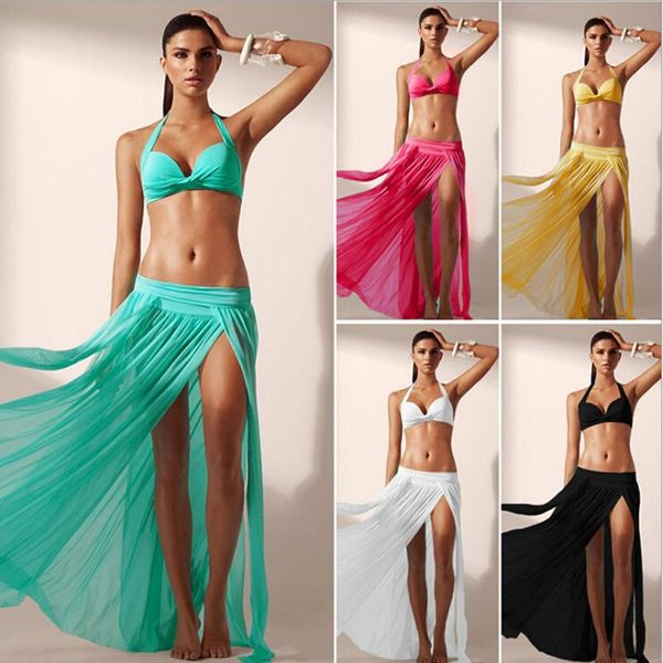 

skirts 2021 fashion women's skirt side slit beach solid colors summer long maxi dropped net yarn female, Black
