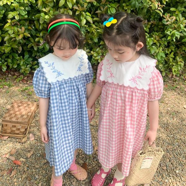 

girl's dresses girls cute embroidery sailor collar plaid dress summer 2021 cotton children puff sleeve princess, Red;yellow