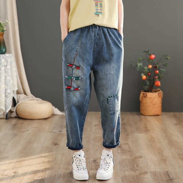 

women's jeans spring arts style women elastic waist vintage button design loose blue patchwork embroidery cotton denim harem pants v239