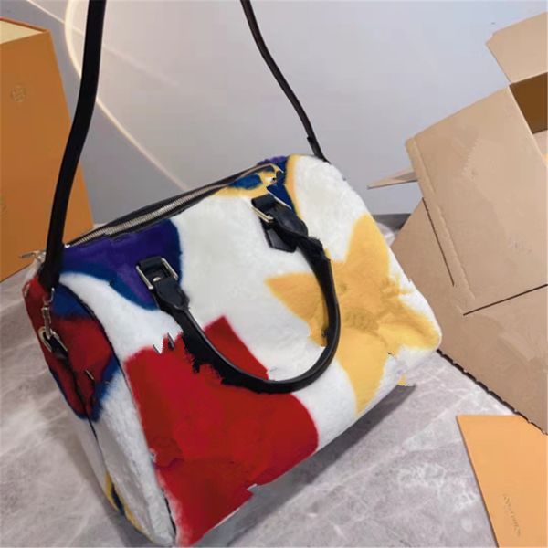 

women furry travel shoulder bags winter warm luxury handbags soft fashion purses graffiti fur crossbody letter flowers printed