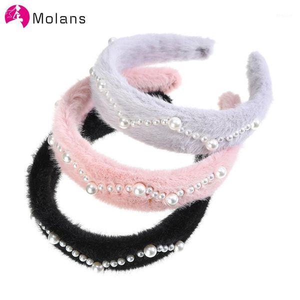 

molans 2021 furry headband for women pearl plush hair hoop bezel hairband warm fall winter girls accessories headwear1