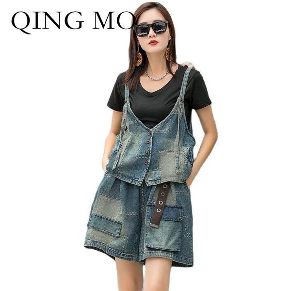

women's tracksuits qing mo 2021 summer fashion women denim suit loose large size vest + high waist wide leg shorts two piece trend was, Gray