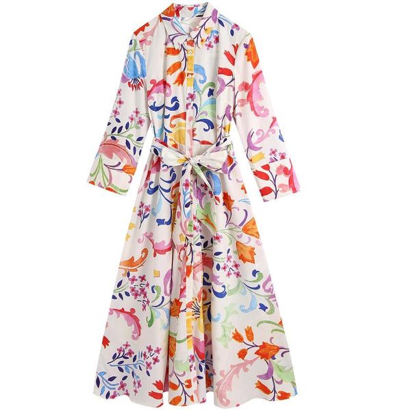 

casual dresses vintage floral print women dress bow sashes midi shirt summer beach stylish three quarter sleeve holidays, Black;gray