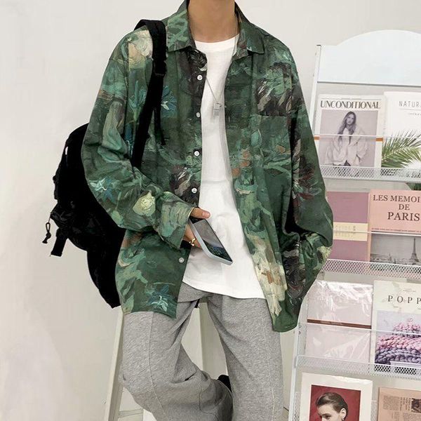 

men's casual shirts fonekie handsome mens shirt retro oil painting printing long-sleeved men street loose couple jacket streetwear top, White;black