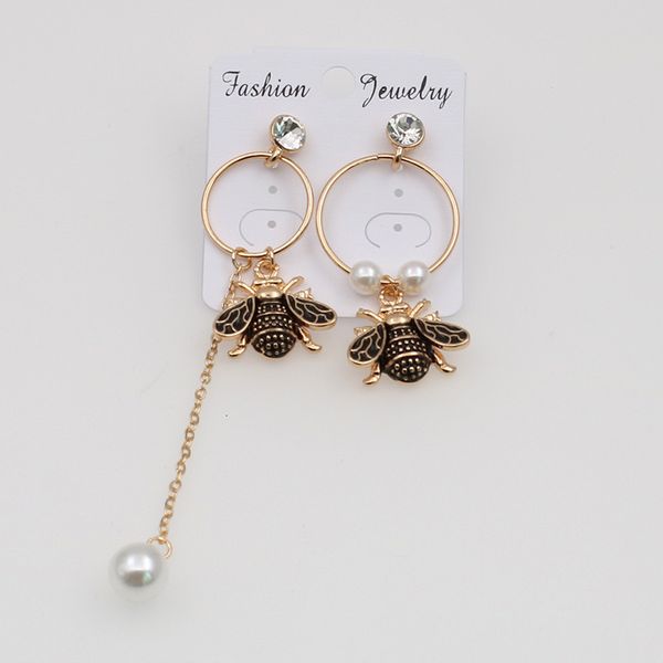 

s925 silver needle korean earrings long asymmetric pearl tassel small bee insect
