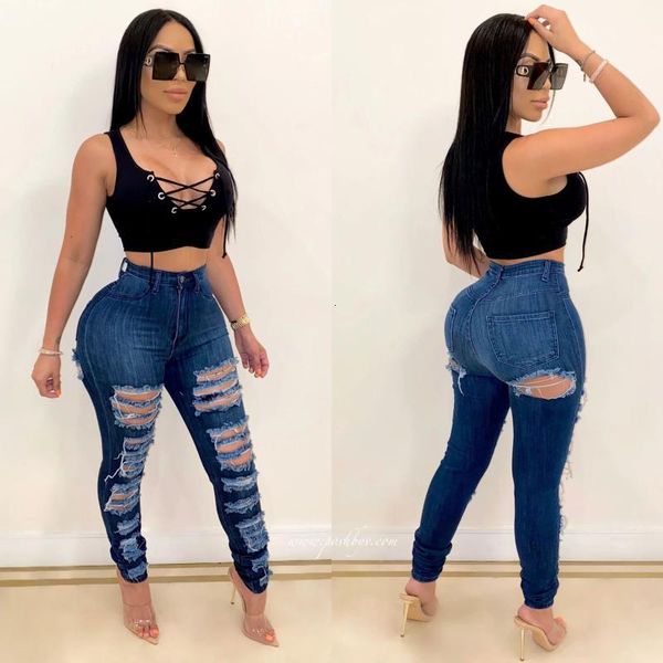 

women's jeans anjamanor fashion reve ripped for women high waisted skinny woman hole denim pencil pants d30-df47 xdya, Blue
