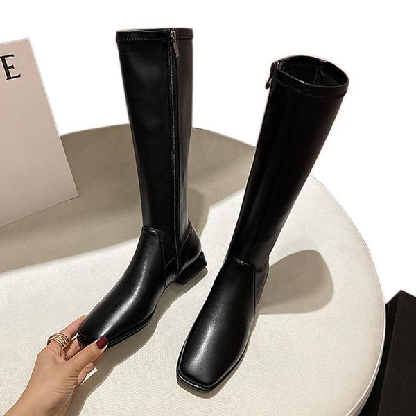 

boots black 2021 women's knight high tube square head long elastic small show thin leg version