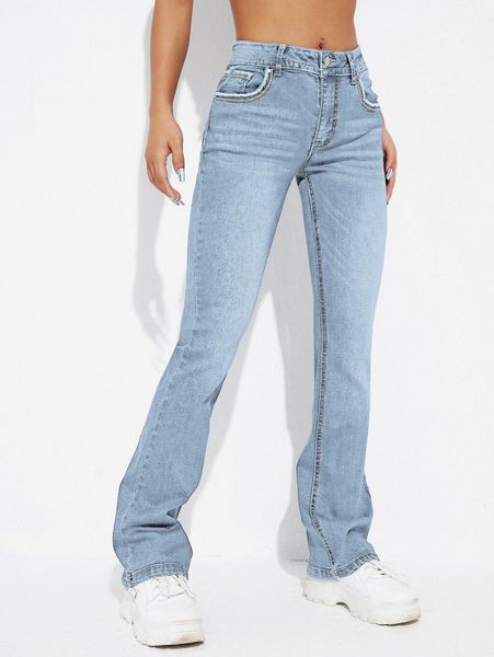 

contrast stitch flap pocket flare jeans z0jk#, Blue