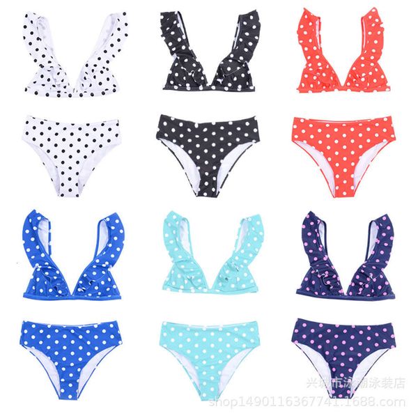 

women's swimwear bikinis 018 ruffle deep v bikini split high waist black and white dot print swimming duvg, White;black