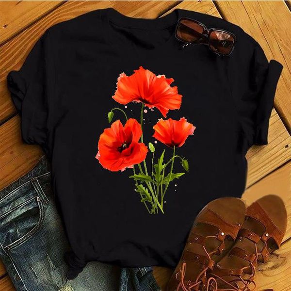 

women's t-shirt female harajuku short sleeves shirts red poppy women t shirt casual black tshirts kawaii tee hipster tumblr woman clot, White