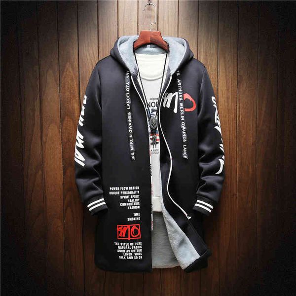 

winter slim long trench coat men letter print style hooded overcoat black hip hop streetwear autumn korean mens et, Black;gray