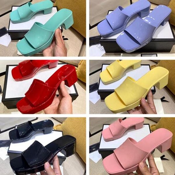 

2021 women rubber high heel slide sandal 5.5cm platform slipper pink green candy colors outdoor beach slides slippers flip flops size 35 - 4, Black