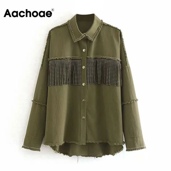 

aachoae women tassel rivet stylish chic jacket batwing long sleeve streetwear thin coat turn down collar lady autumn spring 200919, Black;brown