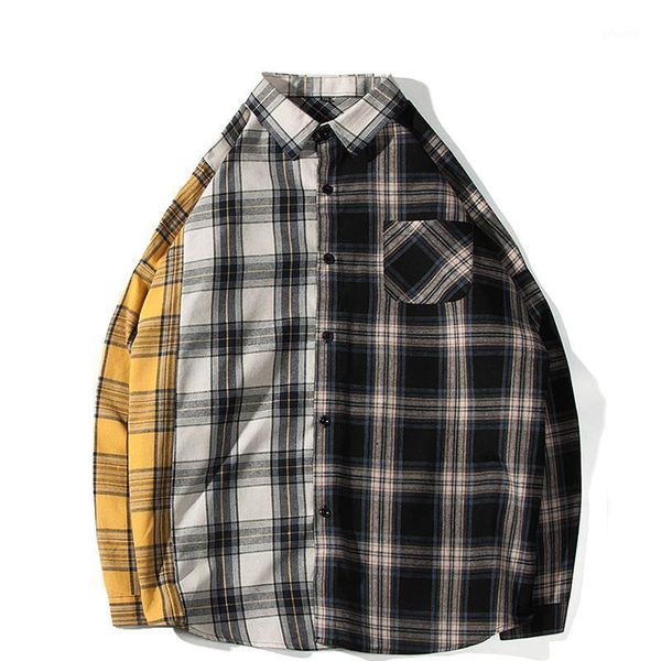 

men's casual shirts nice man hip hop patchwork button up long sleeve shirt men oversized cotton plaid, White;black