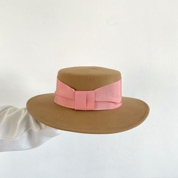 

stingy brim hats 202107-junxian-8148c autumn winter pink ribbon wool fedoras cap women panama jazz hat, Blue;gray