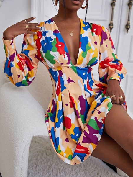 

glamaker brush print lantern sleeve fold pleat curved hem dress a3j8#, Black;gray