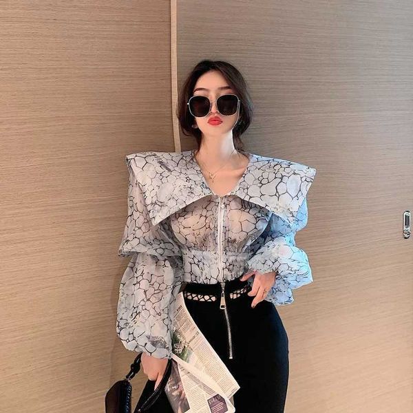 

zawfl women's big turn down collar printing shirt fashion female lantern sleeve elegant perspective zipper blouses shirts 210603, White