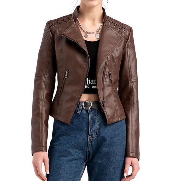 

women's leather & faux autumn winter pu jacket zipper short coat turn-down collar female black outwear motor biker jackets