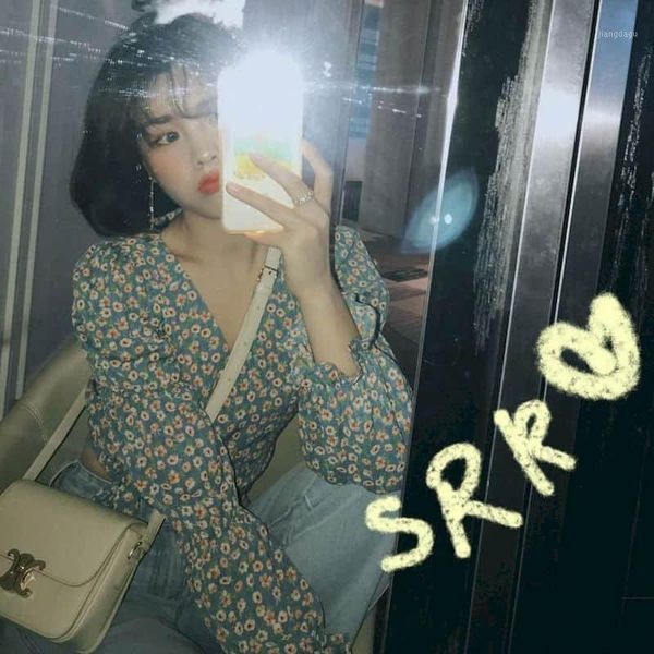 

[long/short sleeve] chiffon shirt women dream little blue flower floral short v-neck 2021 summer retro elegant blouse women's blouses &, White