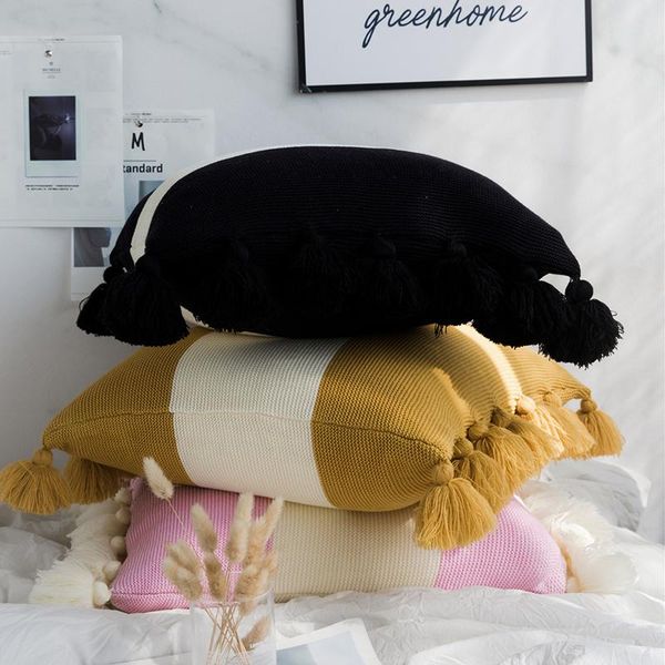 

mustard cushion cover vintage tassels square pillow case yellow black purple white stripe 45cm*45cm soft ball home decoration cushion/decora