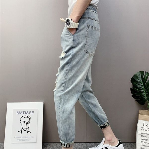 

men's jeans casual men ankle length denihare spring pants summer elastic man on waist torn hole brim streetwear thin pencil adjustments, Blue