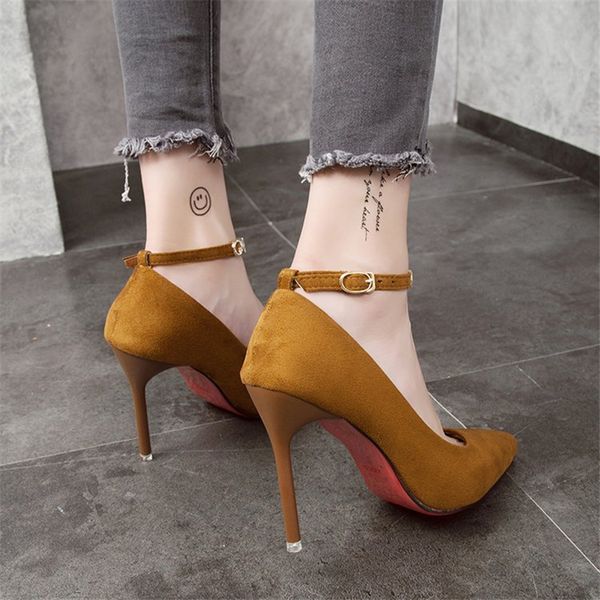 

2021 womens shoes fashion creative bandage solid color wild stiletto korean version of rhinestone belt buckle high heels1, Black