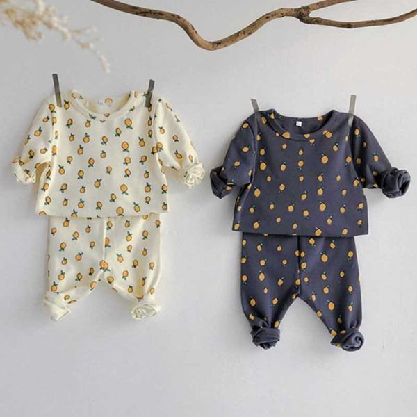 

0-3 y baby 2 pieces suit home wear spring autumn lemon print base shirt + high waist pant cotton infant boys girls clothing set 210615, White