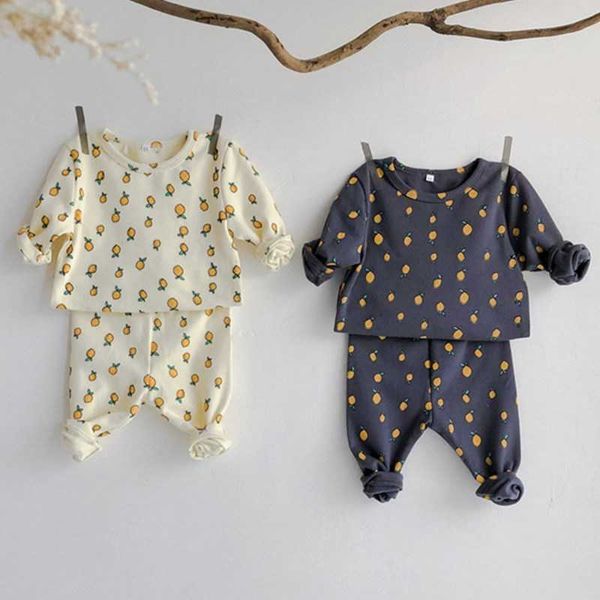 0-3 Y Baby 2 pezzi Suit Home wear Primavera autunno Camicia base stampa limone + Pantalone a vita alta Cotone neonato ragazzi ragazze Abbigliamento Set 210615