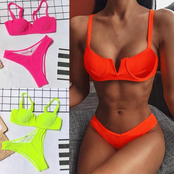 

women's swimwear low waist bikini orange maillot biquine bathing suit 2021 beachwear push up swimming for women v collar split swimsuit, White;black
