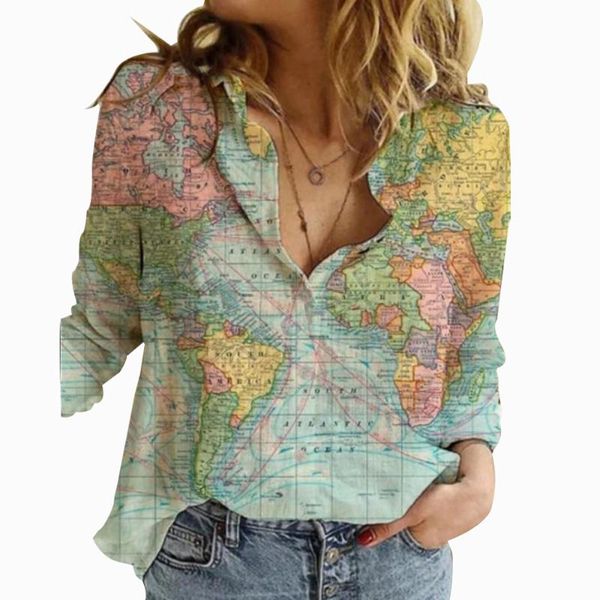 

women's t-shirt autumn and winter shirts in 2021 map depicts printed long sleeved, White