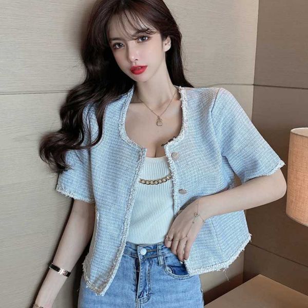 

korea temperament ladies thin tweed women short sleeve casual jacket elegant female fashion cardigan 210526, Black;brown