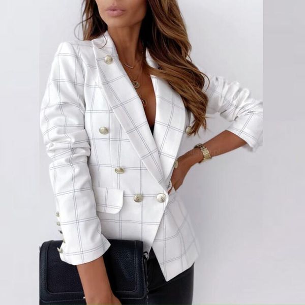 

women's jackets oversize outwear white plaid print lapel jacket double-breasted button long-sleeve overcoat autumn winter office ladies, Black;brown
