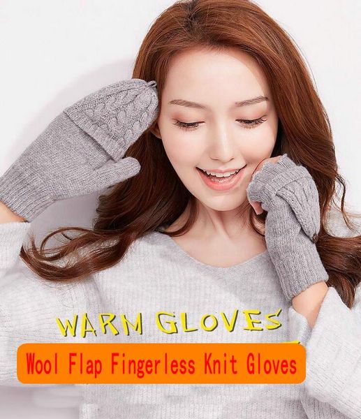 

five fingers gloves outdoor woolen wool plus velvet warm knitted flip half finger, Blue;gray