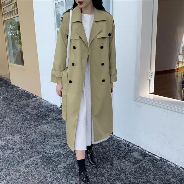 

women's trench coats weihaobang 2021 spring autumn medium length solid color double breasted lapel long sleeve windbreaker cotton coat, Tan;black