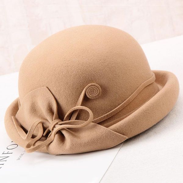 

stingy brim hats h274 autumn winter wool fedoras hat women elegant fashion bowknot retro basin cap ladies pure color curling party, Blue;gray