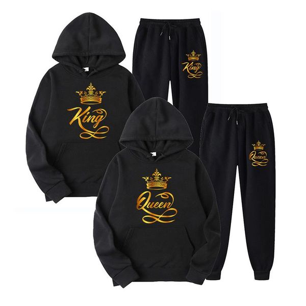 

men's hoodies & sweatshirts fashion couple sportwear set couples design streetwear hoodie and pants king or queen printed hooded suits, Black