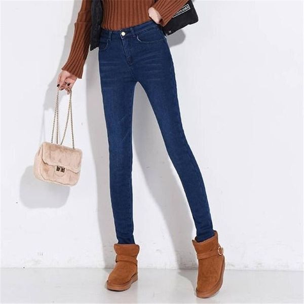 

plush and thick jeans women's winter large high waist elastic slim pencil pants cotton, Blue