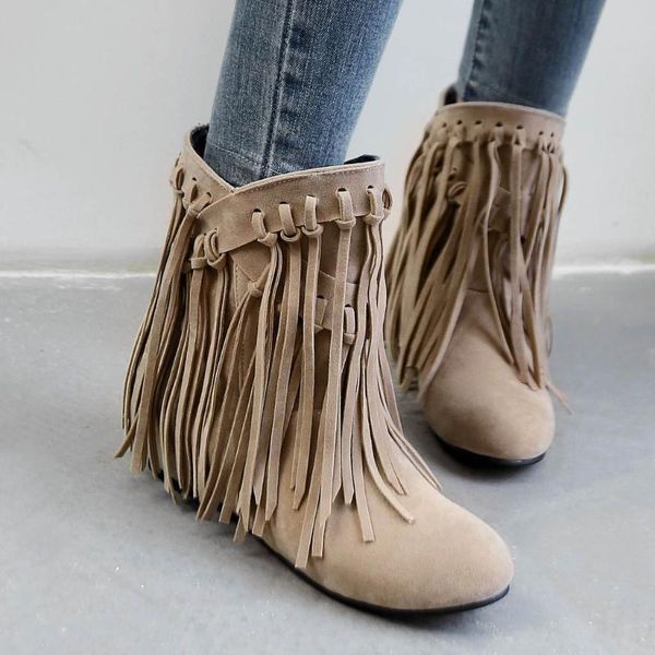 

boots women's soild suede long fringe winter flat heel round head embroidered fashion keep warm snow botas feminina, Black